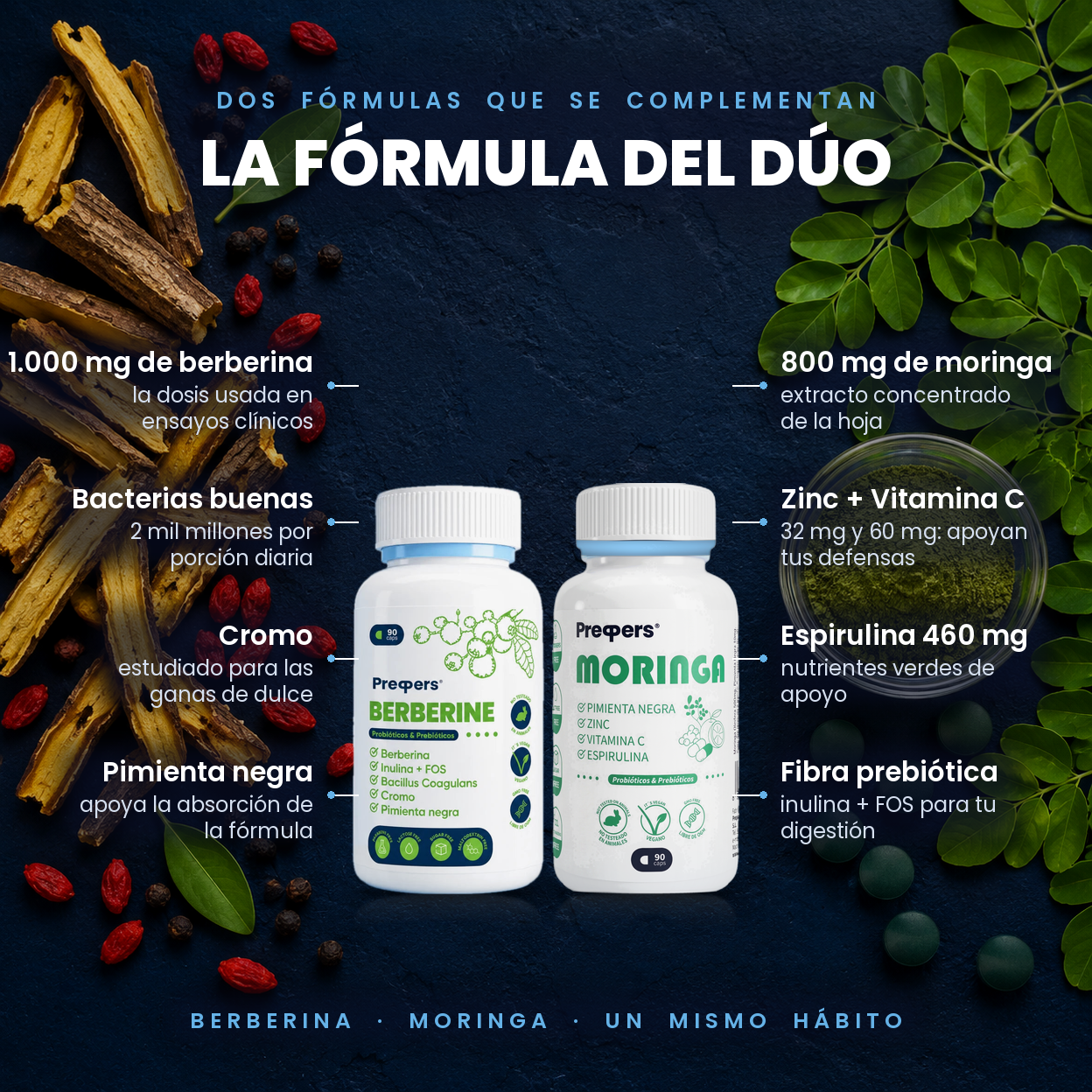 La fórmula del dúo: berberina 1.000 mg y moringa 800 mg con zinc y vitamina C